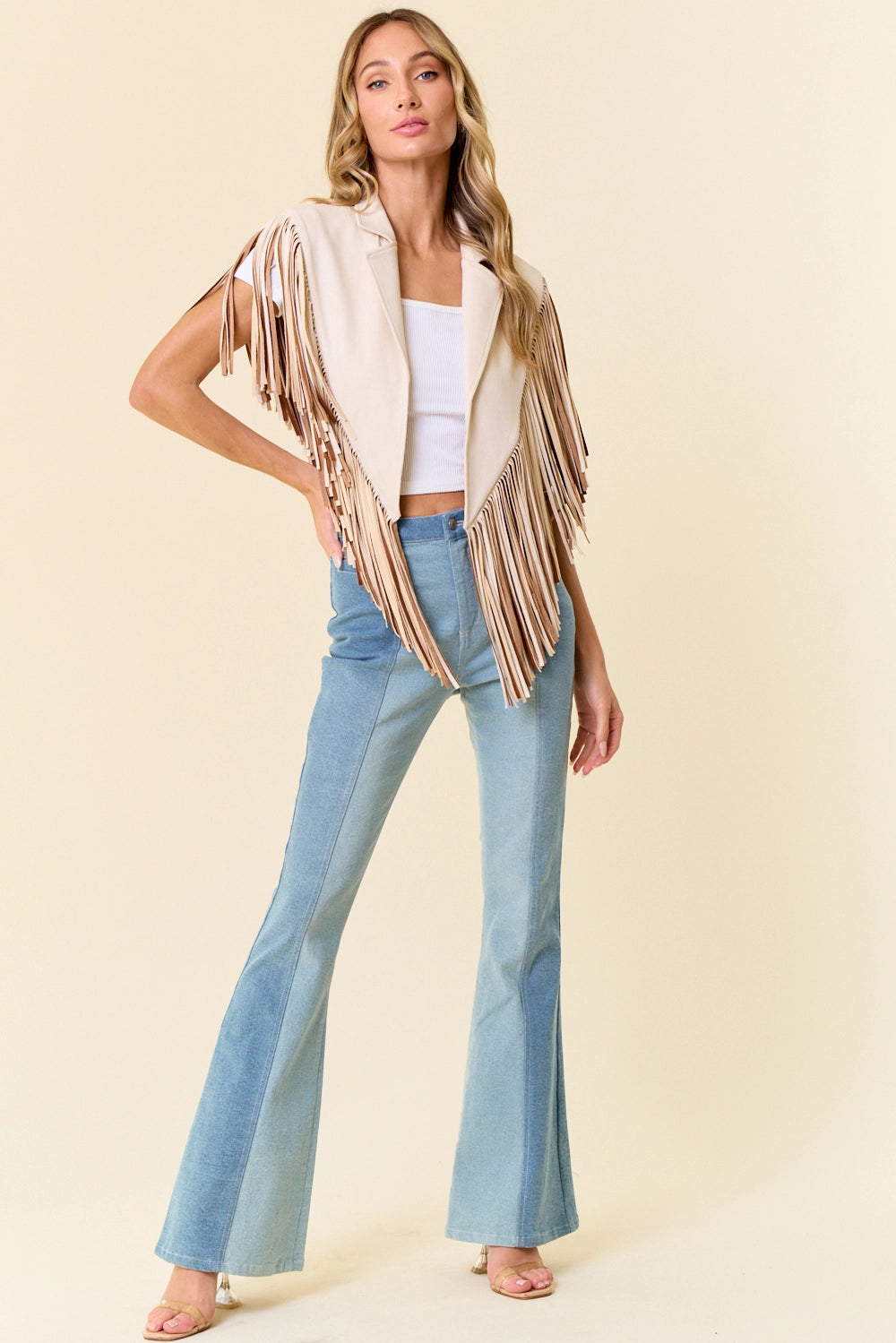 Full view of tassel fringe shrug