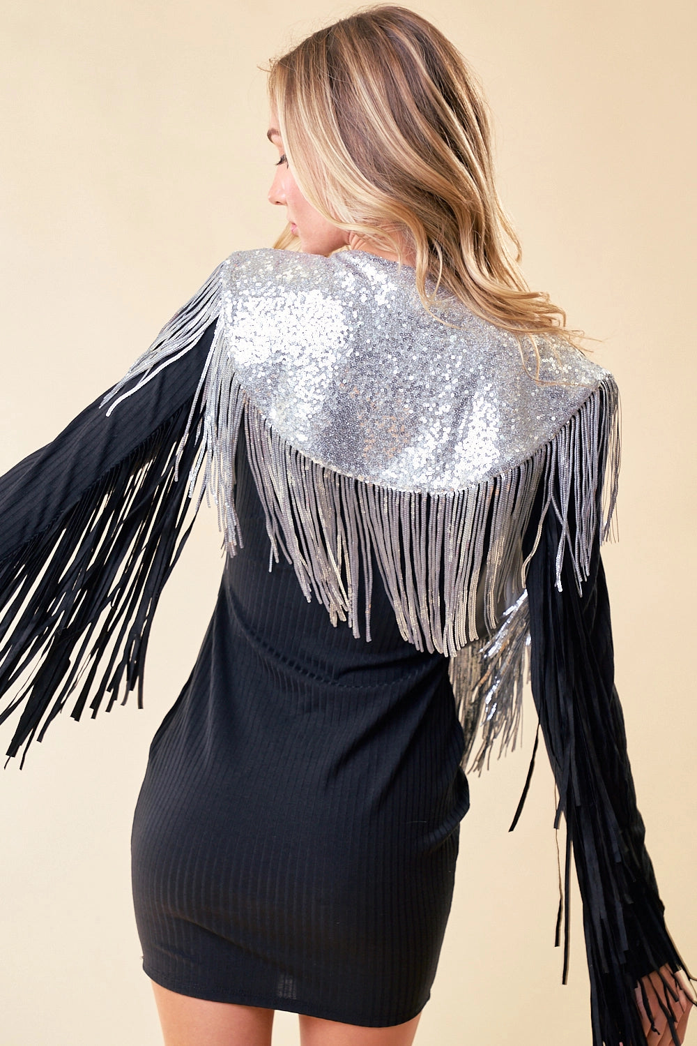 Lovely silver sequin shrug with fringe