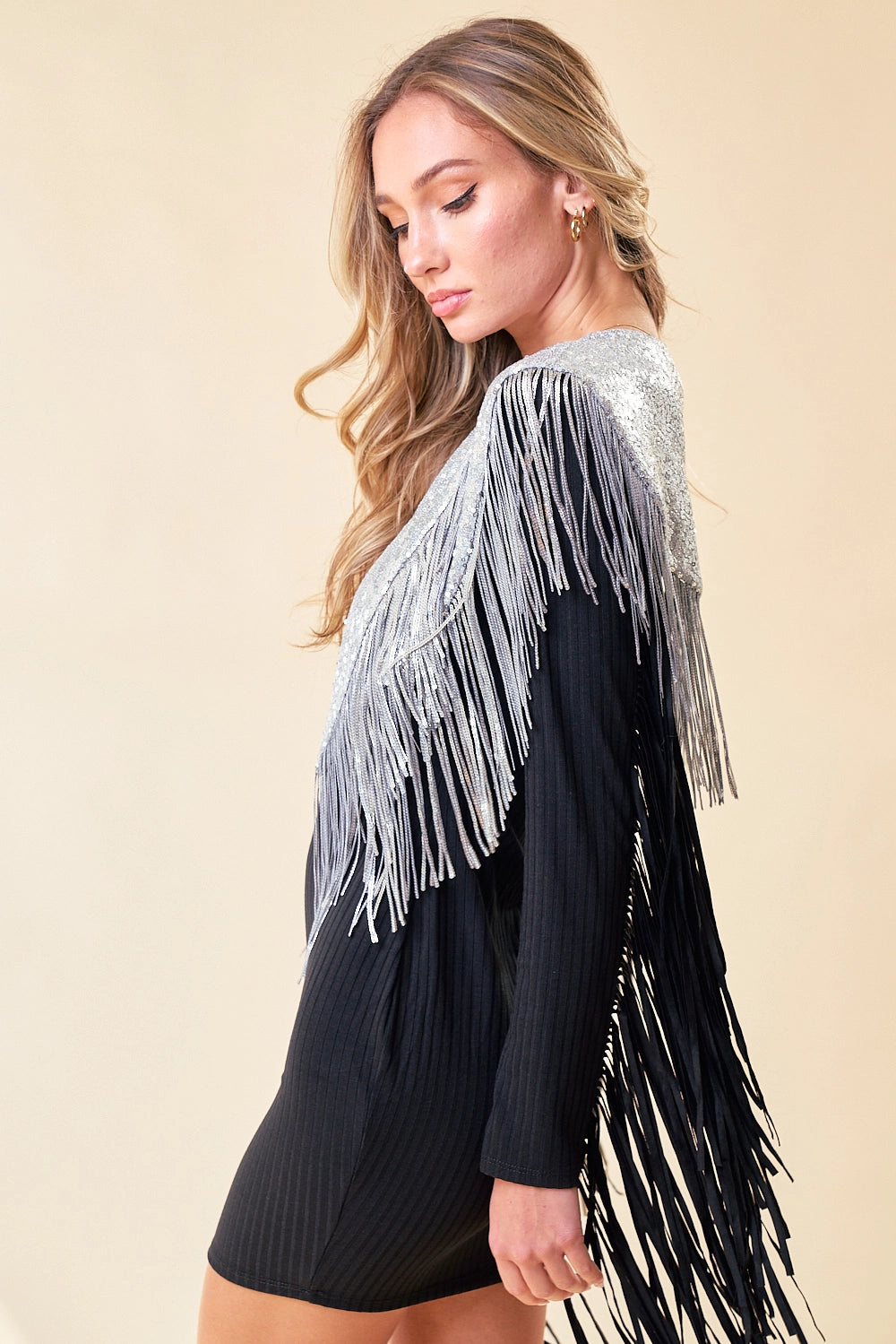 Sequin fringe and tassel shrug