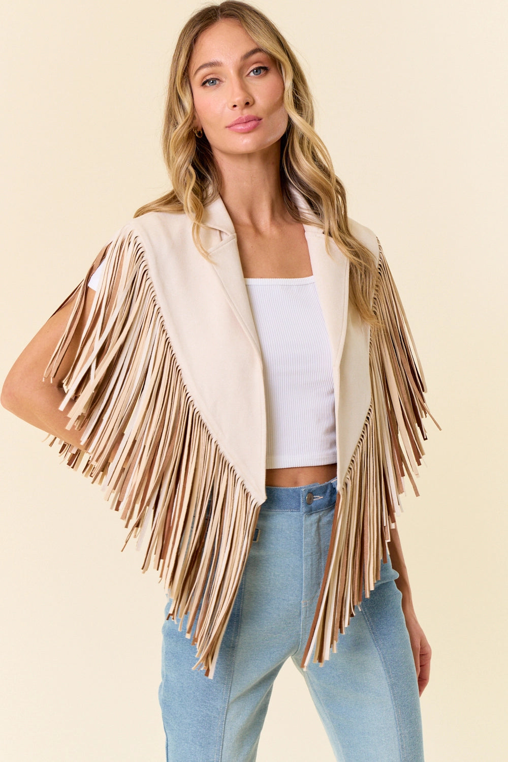 Cream and brown faux suede tassel shrug