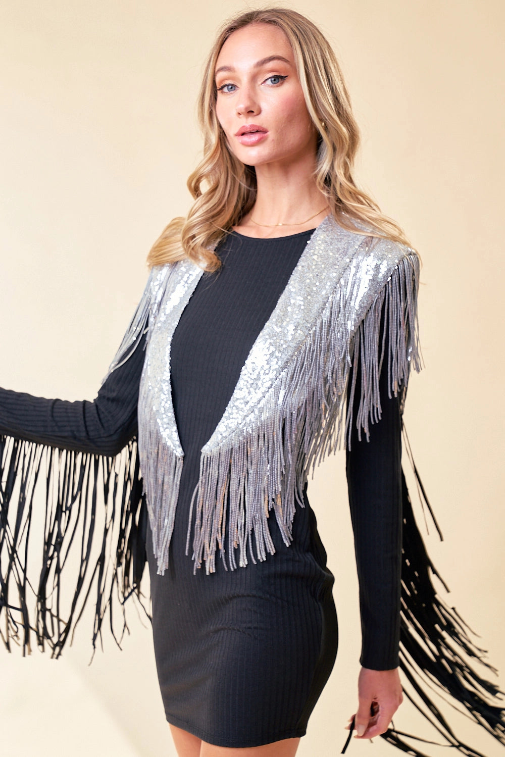 Silver sequin shrug jacket with fringing