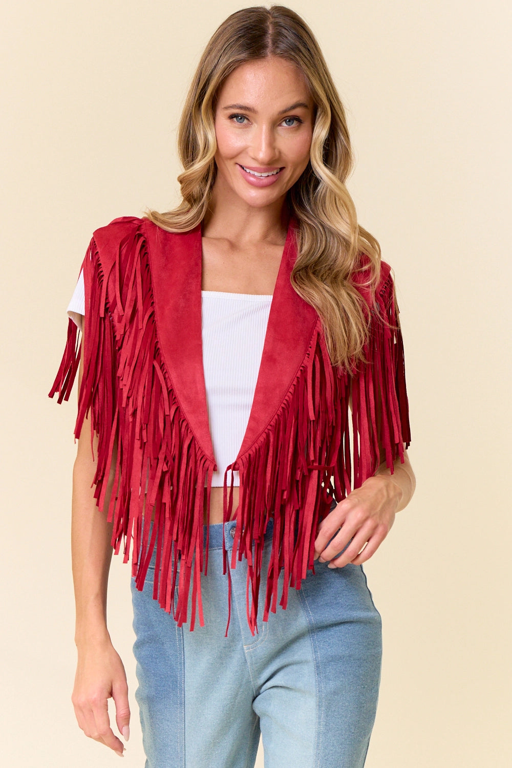 Boho western crimson red fringed shrug