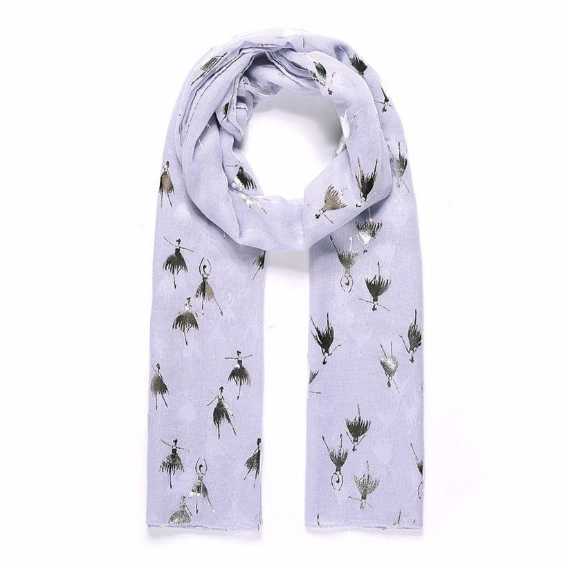 Pretty lilac purple scarf with a with metallic silver foil ballerina dancer print