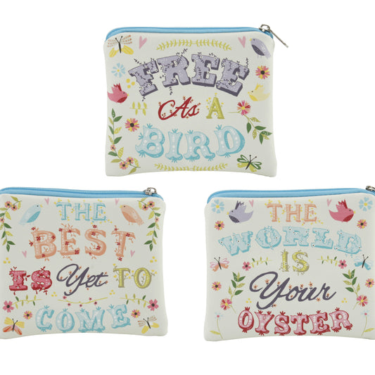 Pretty coin purse with fun floral and bird pastel design with choice of slogans
