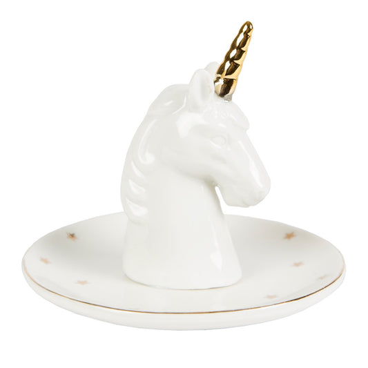 Gorgeous white unicorn head ceramic ring dish / trinket dish on a white star bowl.