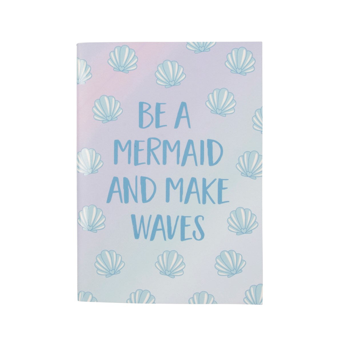 Pretty lilac / blue ombre notebook with shell print and mermaid slogan: Be a mermaid and make waves