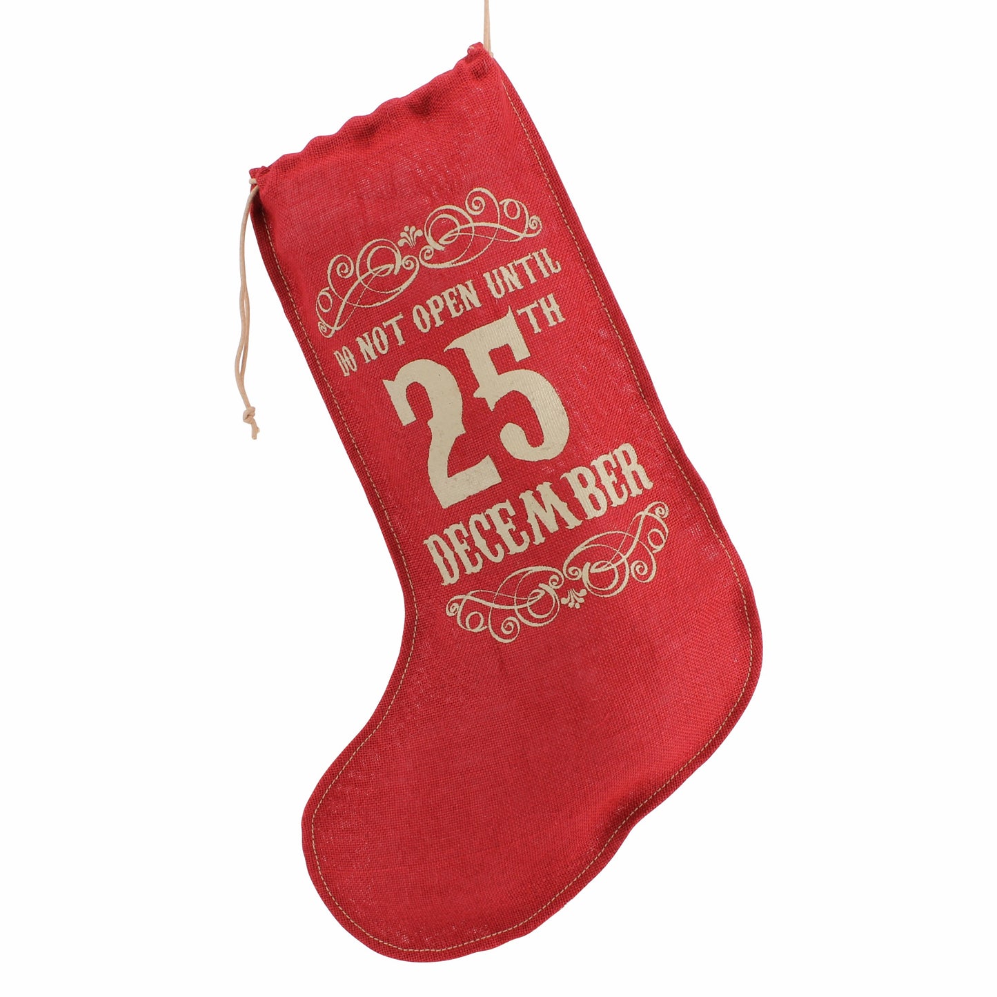 Red hessian stocking featuring slogan Do Not Open Until 25 December