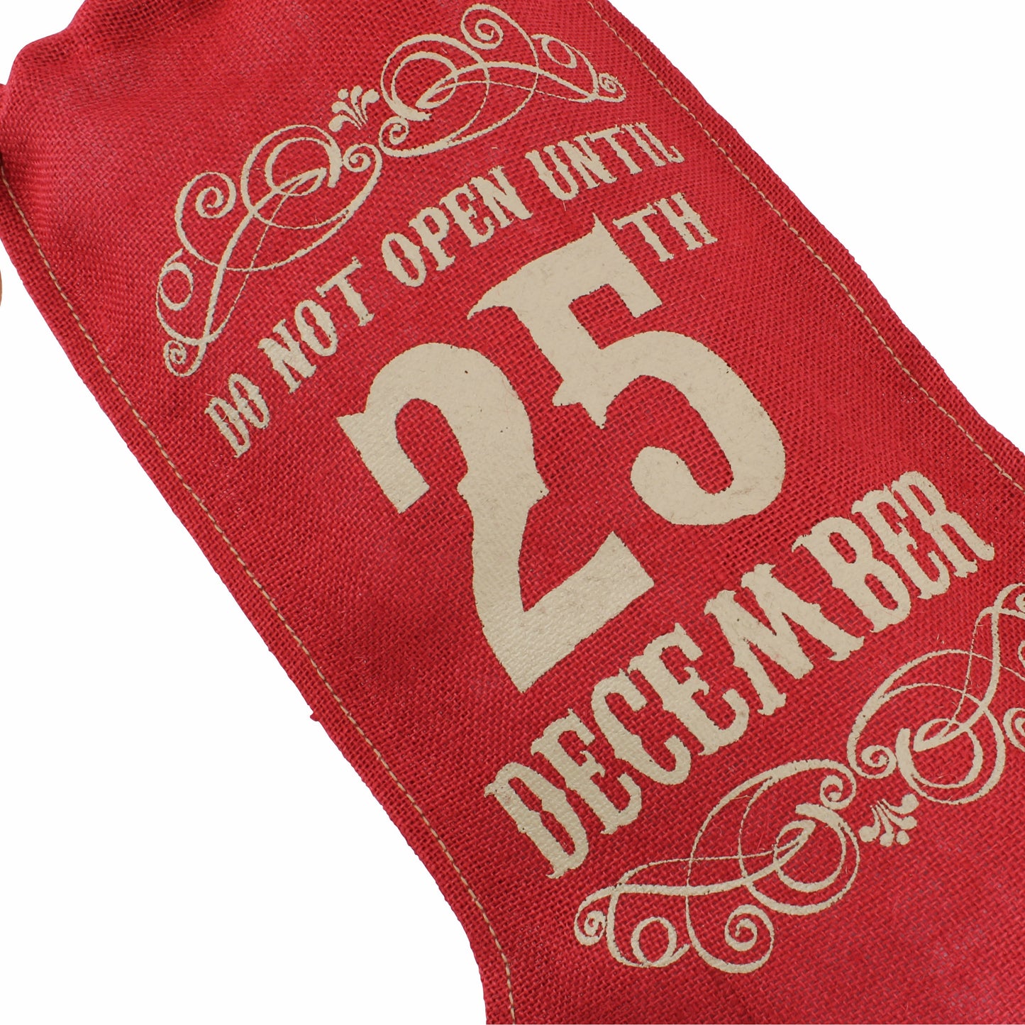 Red hessian stocking featuring slogan Do Not Open Until 25 December