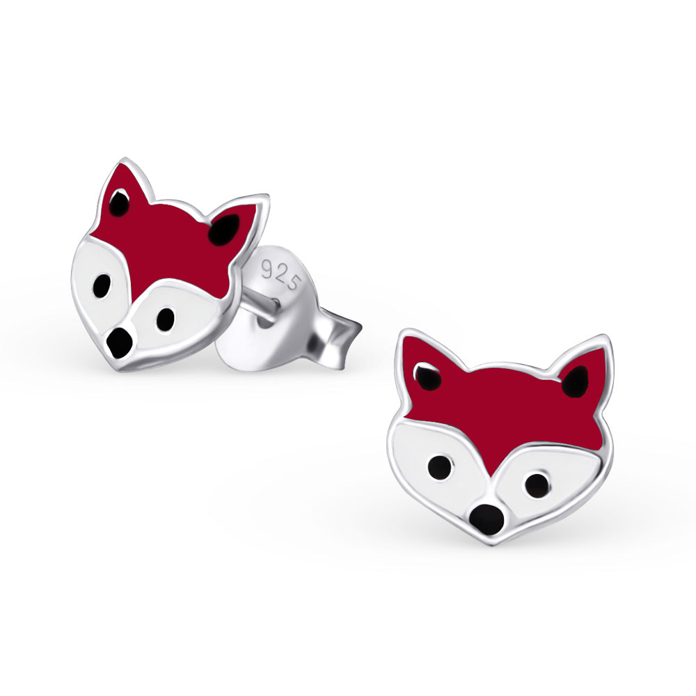 Fabulous fox head stud earrings. 925 Sterling Silver finished in dark red, black and white epoxy resin.