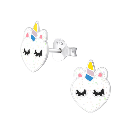 Pretty glitter heart with sleeping unicorn detail stud earrings.