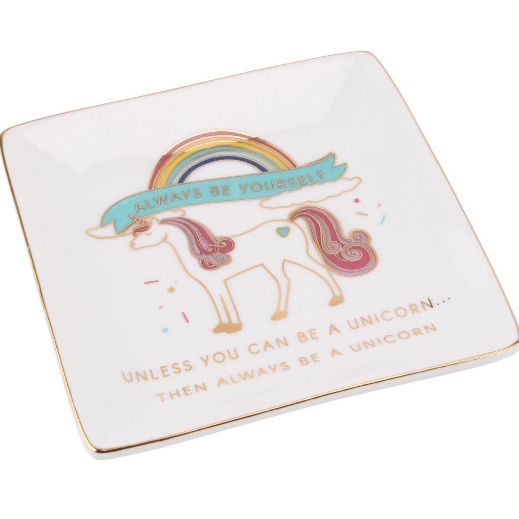White square trinket dish featuring unicorn design. Slogan: Alway be yourself, unless you can be a unicorn, then be a unicorn