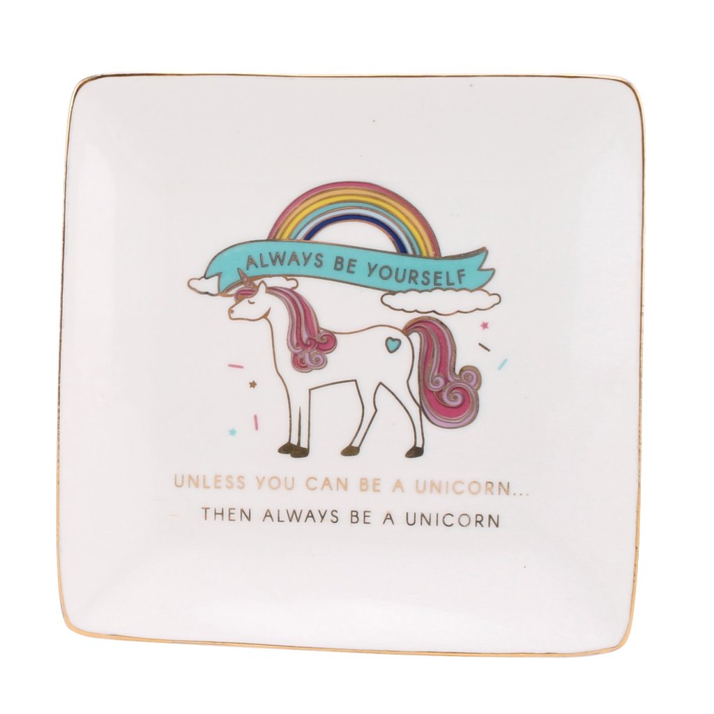White square trinket dish featuring unicorn design. Slogan: Alway be yourself, unless you can be a unicorn, then be a unicorn