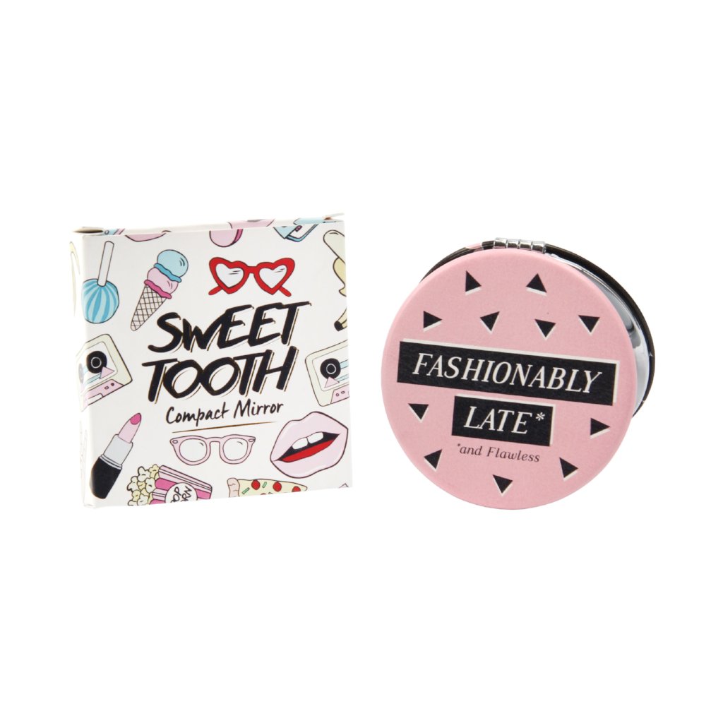 Pink slogan compact mirror featuring the phrase Fashionably Late *and Flawless