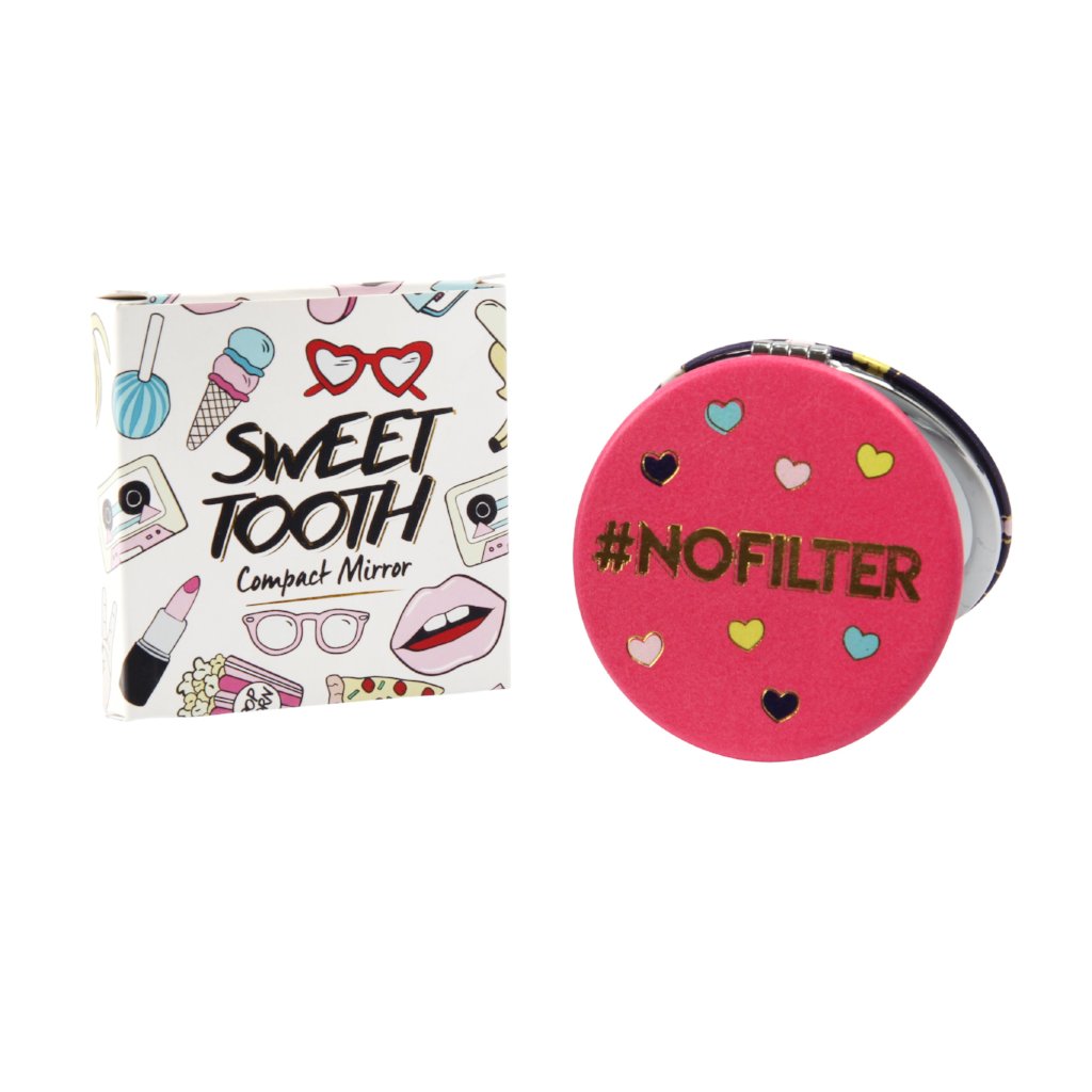 Pink slogan compact mirror featuring the phrase #NOFILTER
