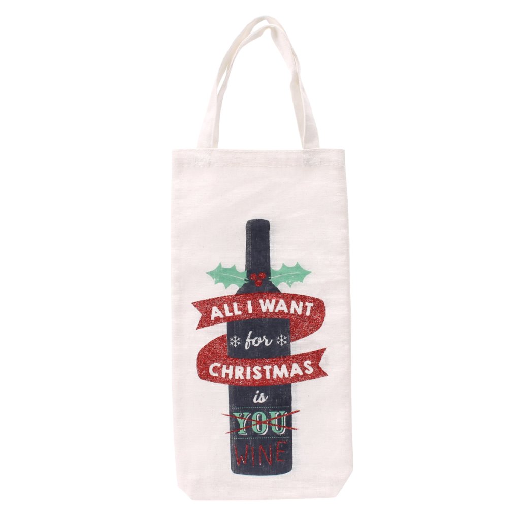 White canvas Christmas bottle bag featuring wine bottle design, and the slogan All I Want for Christmas is You... Wine