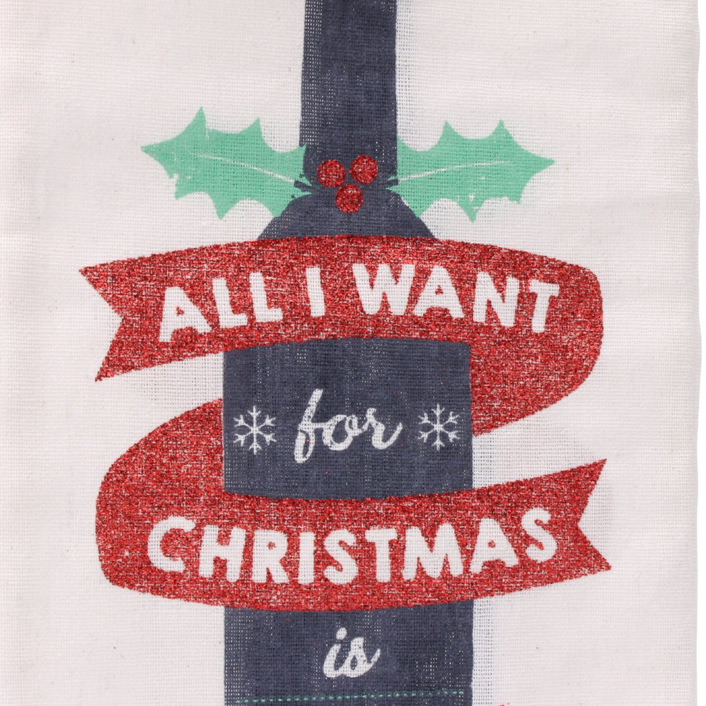 White canvas Christmas bottle bag featuring wine bottle design, and the slogan All I Want for Christmas is You... Wine