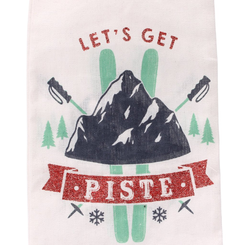 White canvas Christmas bottle bag featuring ski design, and the slogan Let's Get Piste