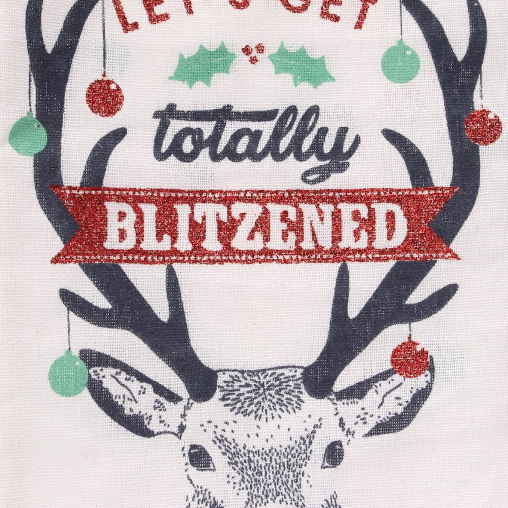 White canvas Christmas bottle bag featuring reindeer design, and the slogan Let's Get Totally Blitzened