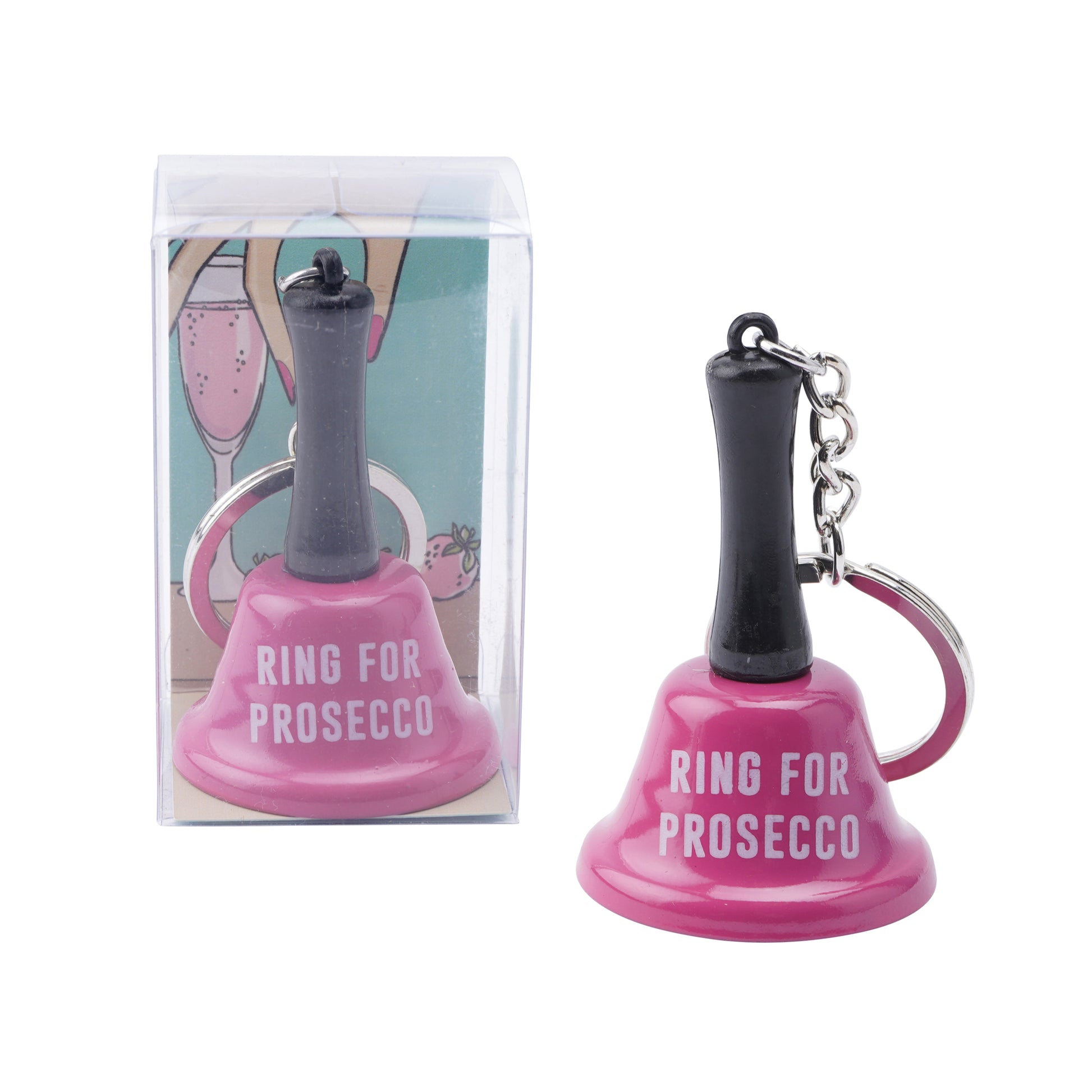 Pink ' Ring for Prosecco' mini bell keyring.