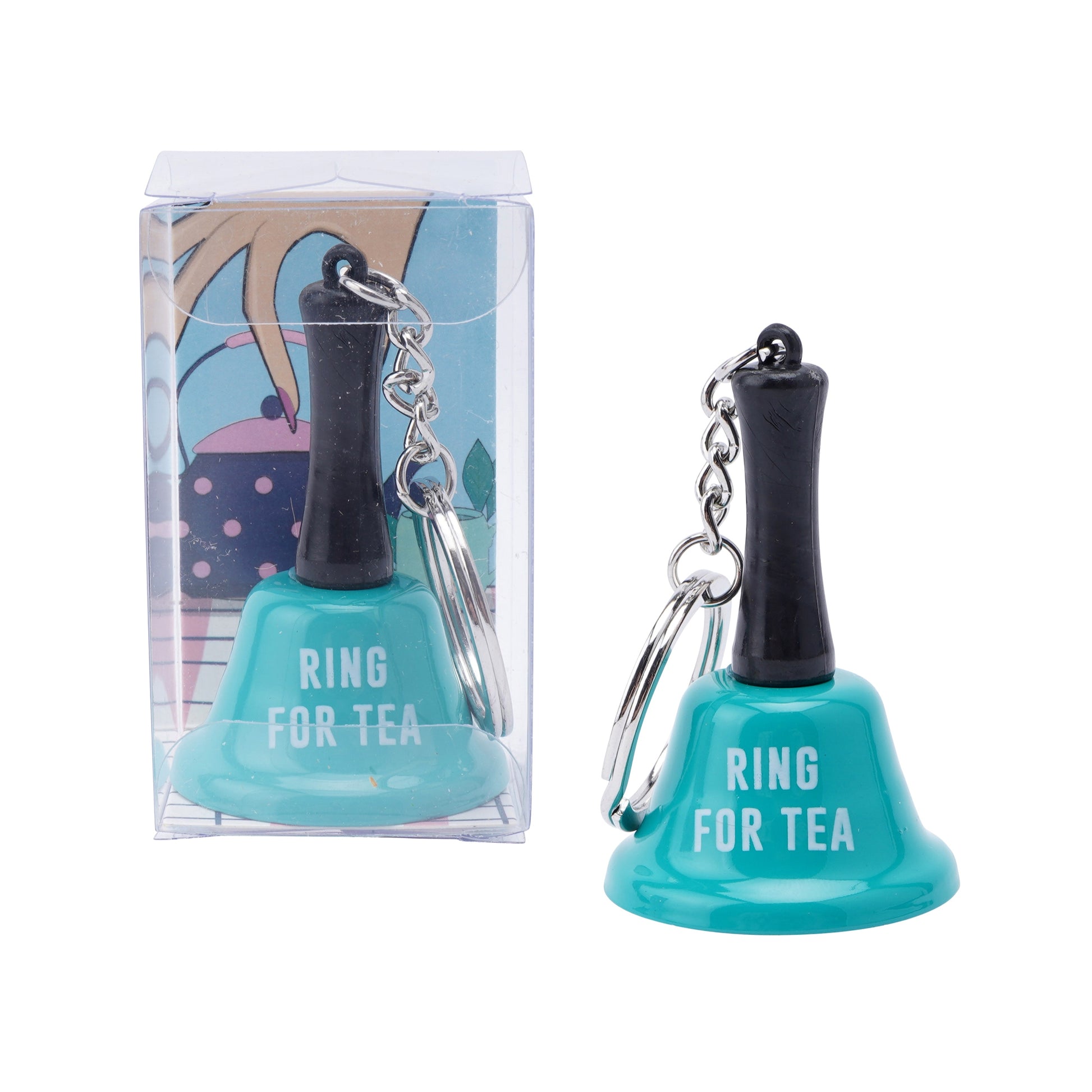 Blue ' Ring for Tea' mini bell keyring.