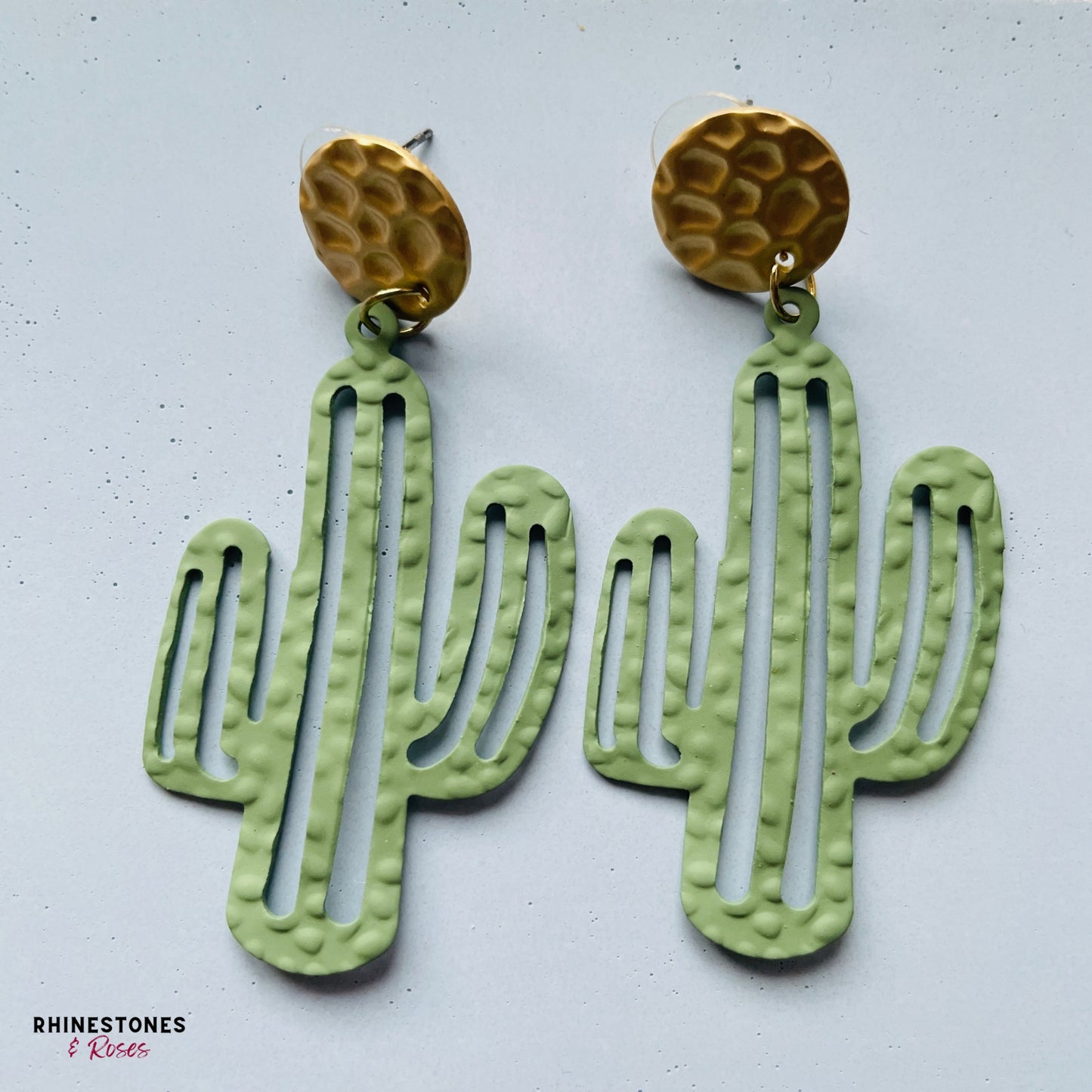 Green metal cactus earrings