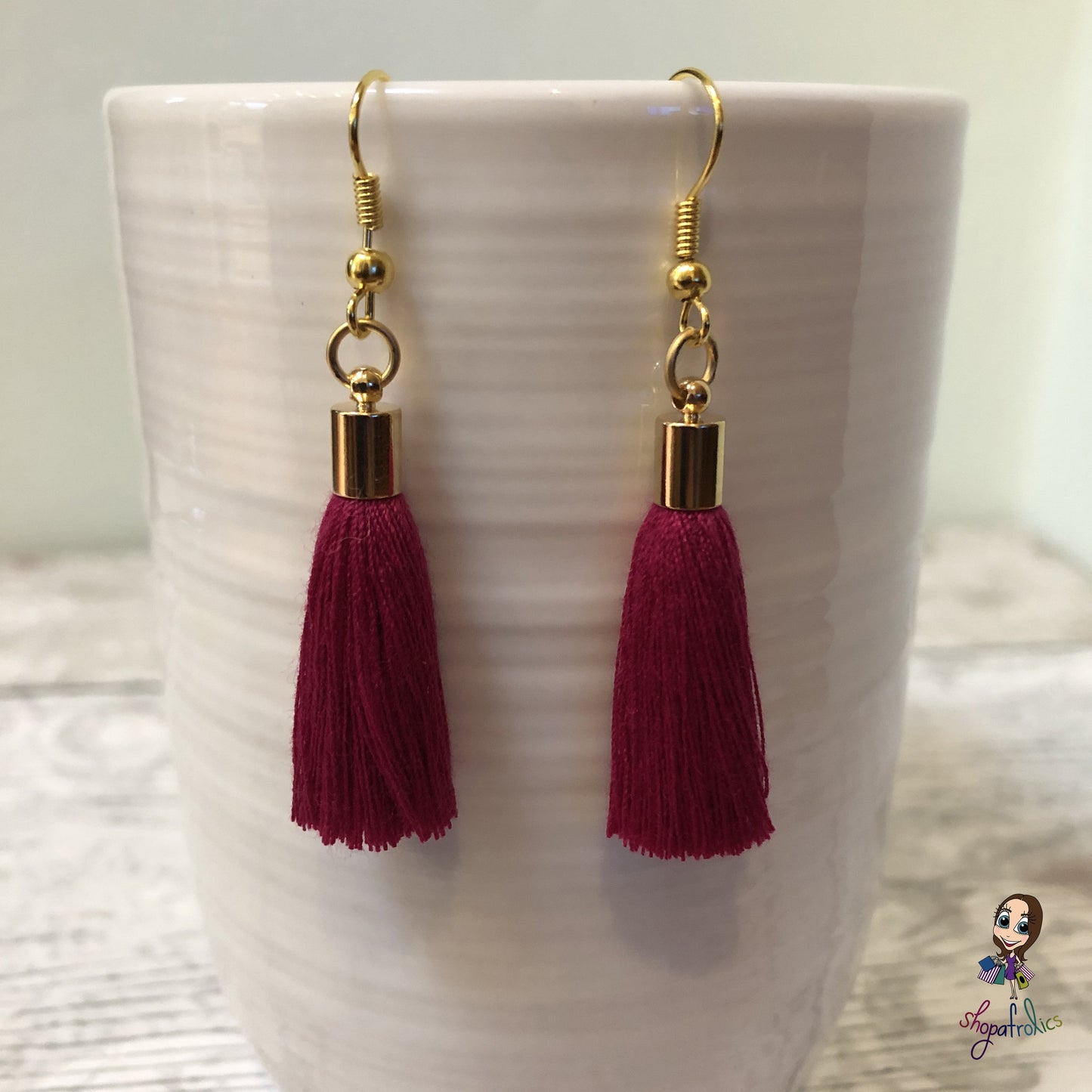 Burgundy Cotton Tassel Earring with gold plated ear hooks, and findings.