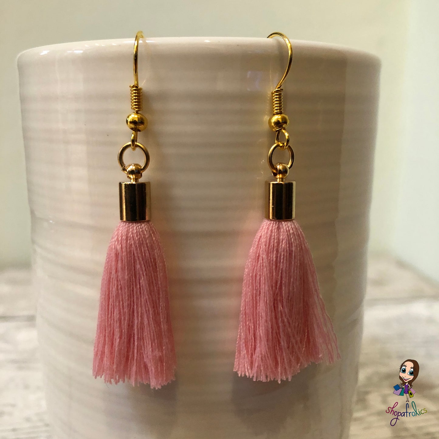 Pink Cotton Tassel Earring with gold plated ear hooks, and findings.