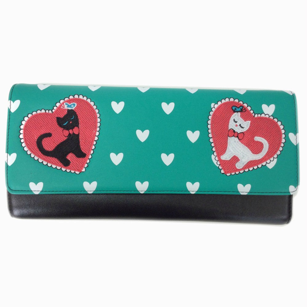 Pretty green clutch bag with cat motif and white heart detail