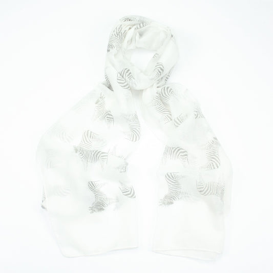 Fun light grey zebra design on a white background printed scarf.