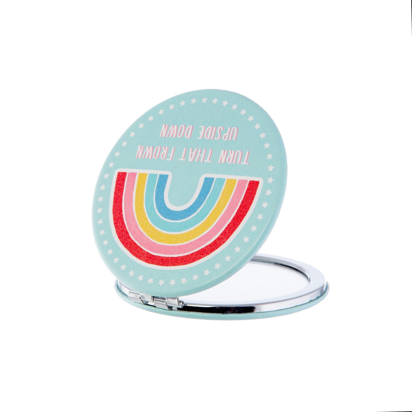 Rainbow compact mirror featuring the slogan Turn That Frown Upside Down