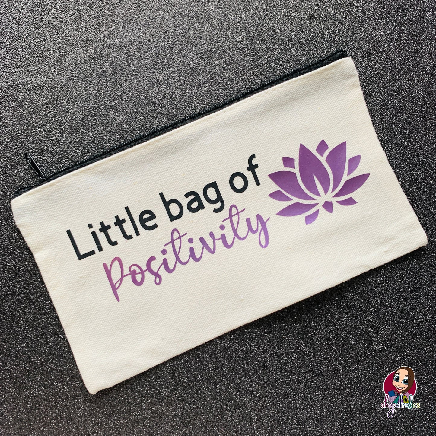 Little bag of positivity with lotus flower in purple make up bag