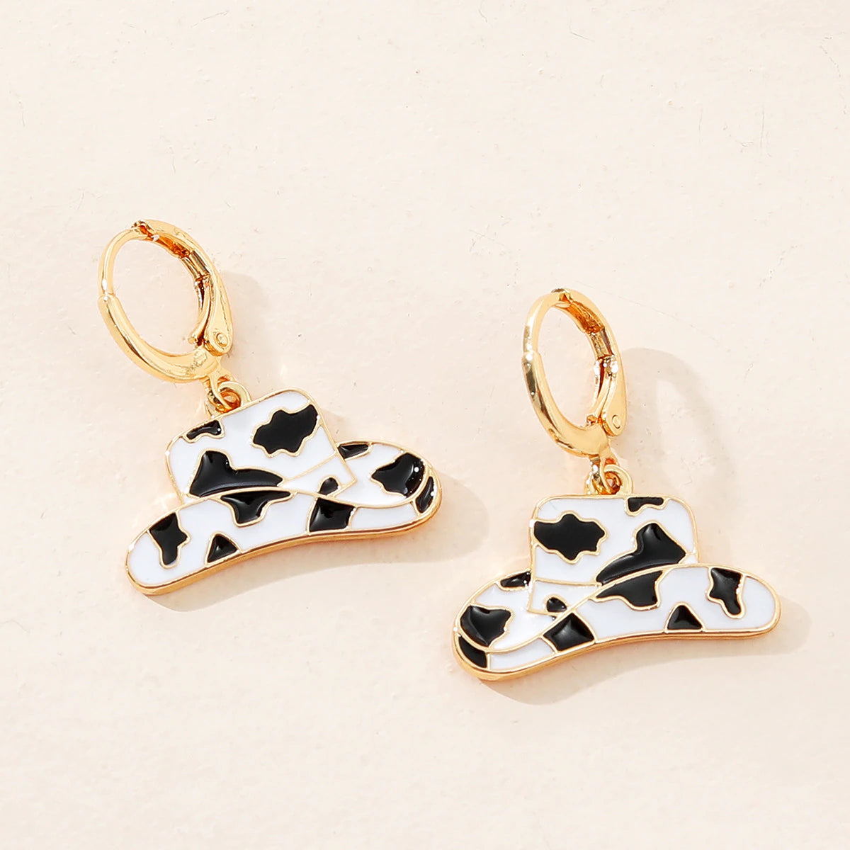 Cow print cowboy hat drop earrings