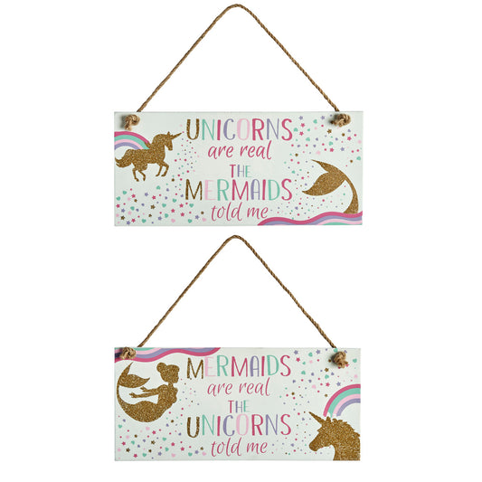Wooden sign featuring gold glitter unicorn and mermaid and a rainbow font slogan: Unicorns are Real, The Mermaids Told Me  or Mermaids are Real, The Unicorns Told Me