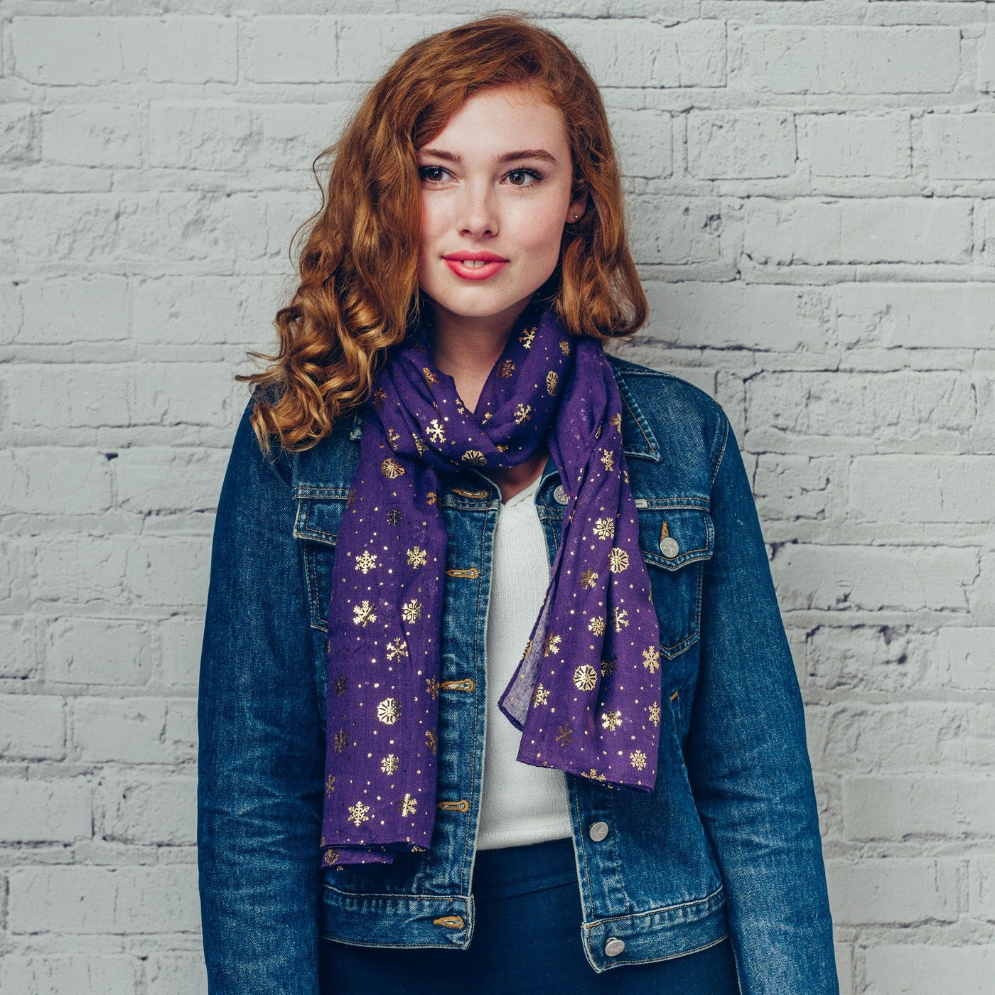 Gorgeous purple scarf with gold foil snowflake detail