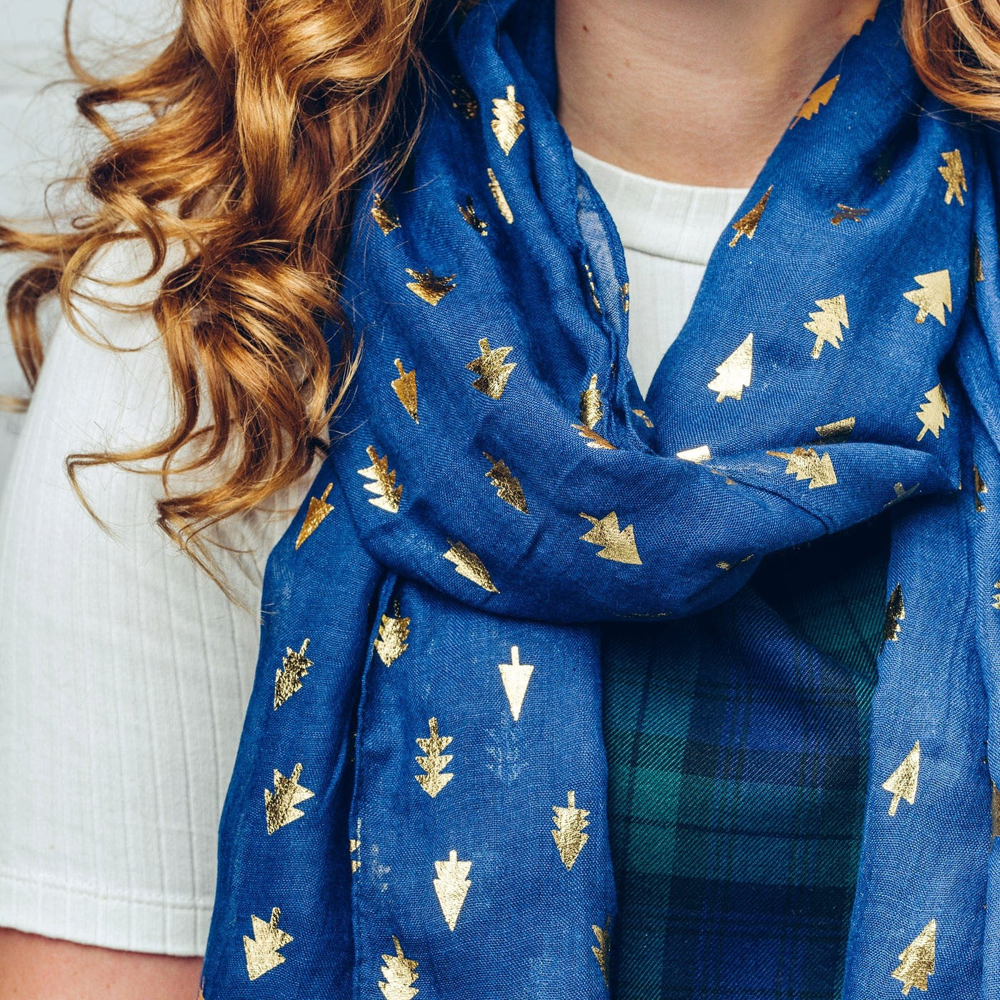 Gorgeous grey scarf with gold foil Christmas tree detail