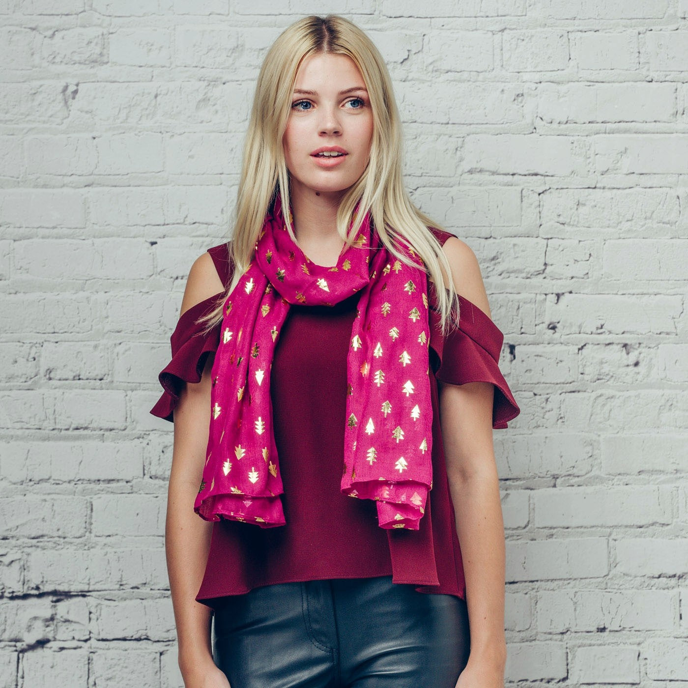 Gorgeous pink scarf with gold foil Christmas tree detail