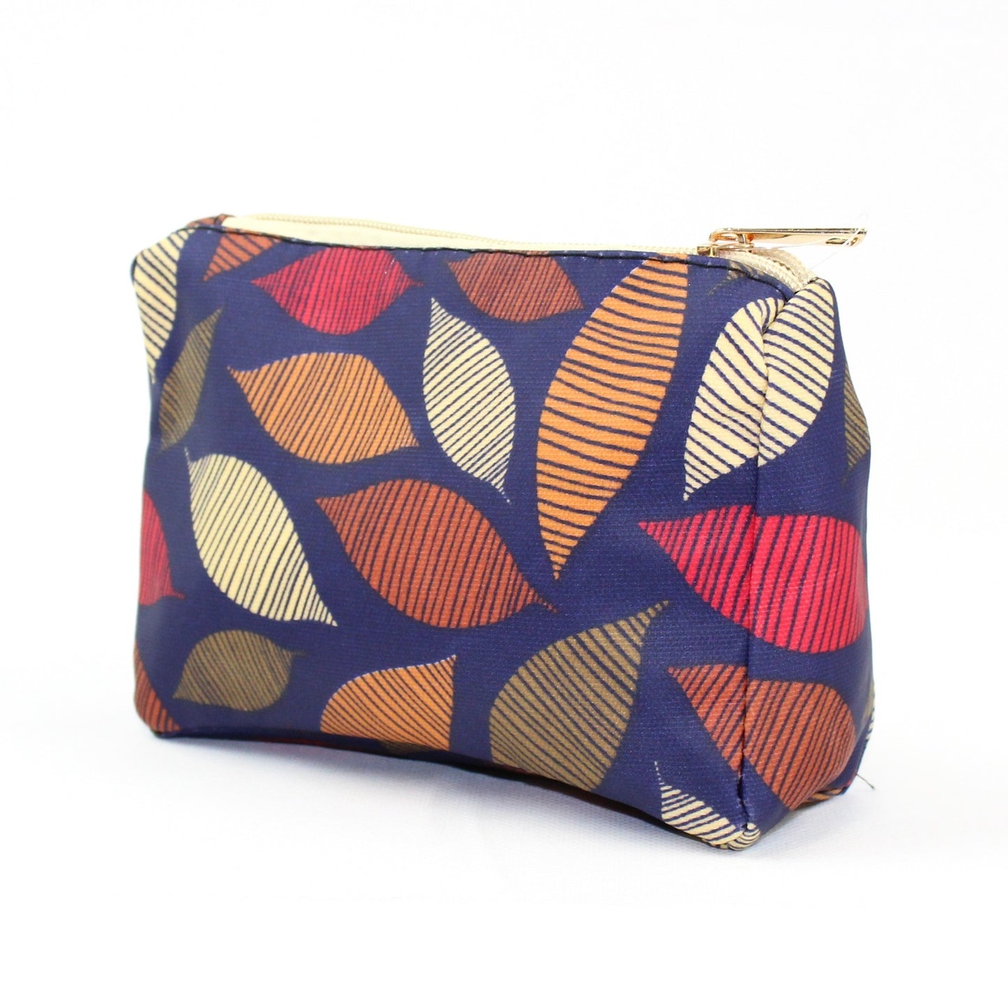 Autumn seasonal leaf print on blue background make up bag.