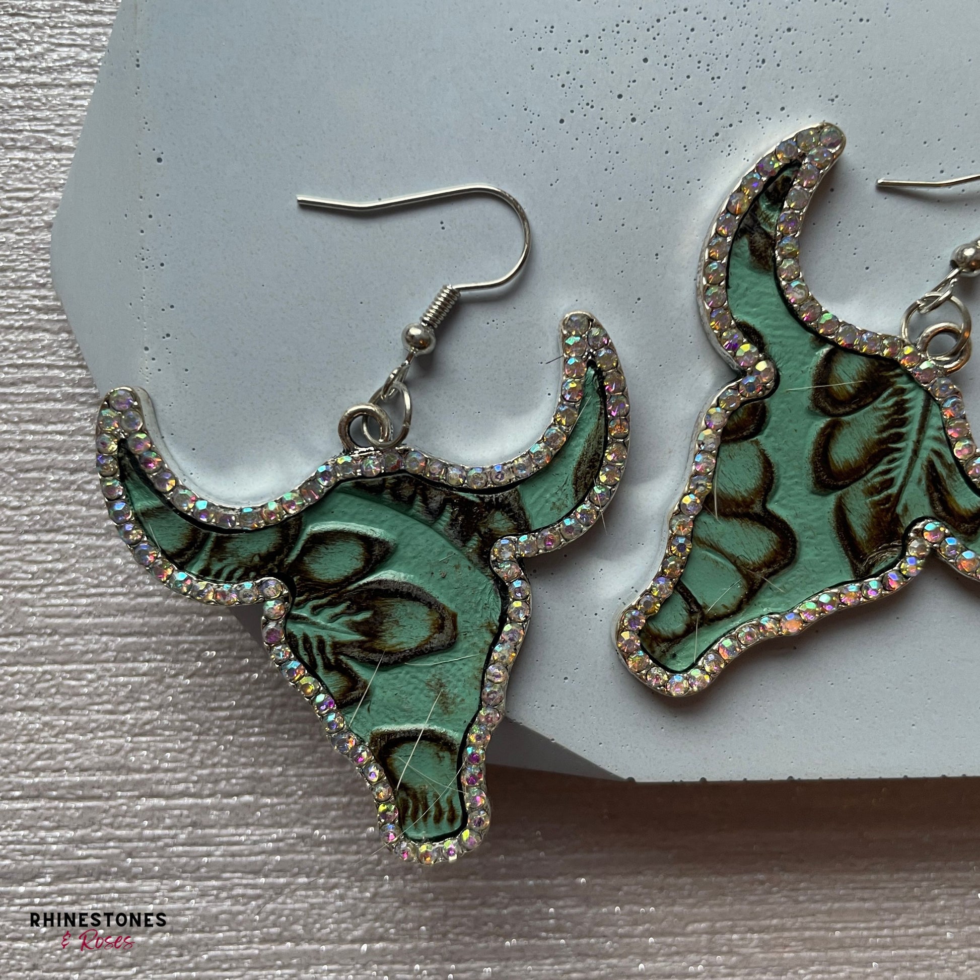 Pretty rhinestone embellished turquoise longhorn earrings