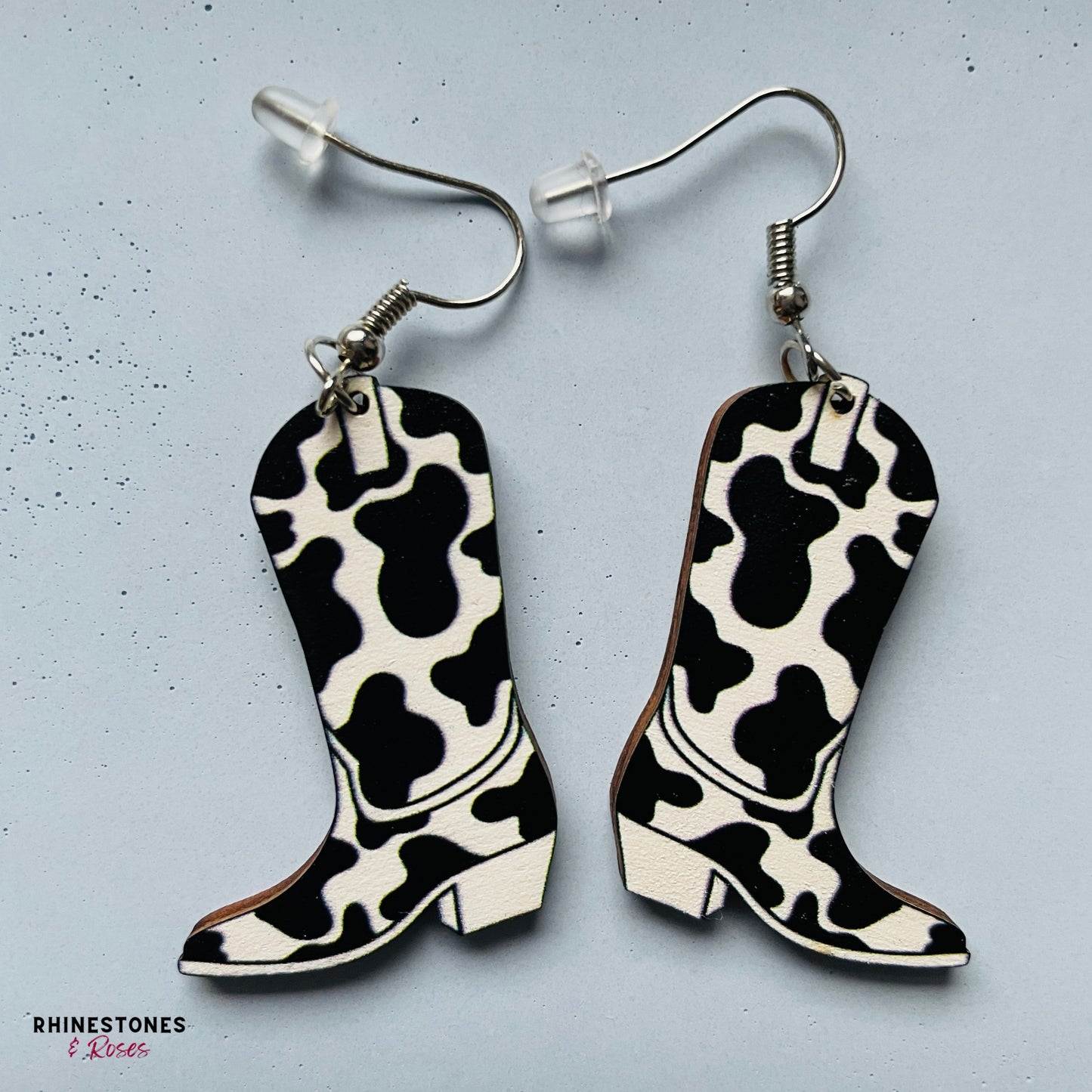 Wooden Country Cow Print Drop Earrings