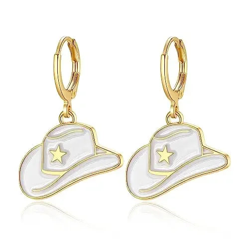 White Enamel Cowboy Hat Drop Earrrings