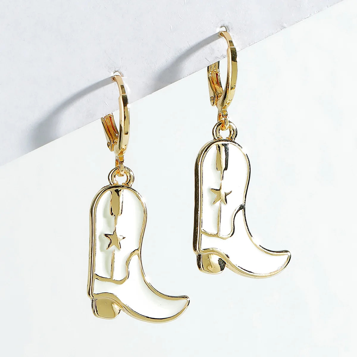 White Enamel Cowboy Boots Drop Earrings