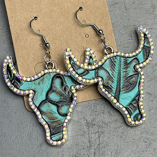 Cow Longhorn Earrings in turquoise with Rhinestone detail