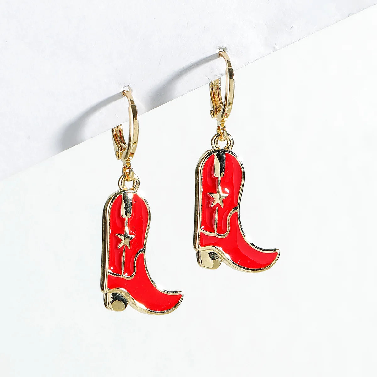 Red Enamel Cowboy Boots Drop Earrings