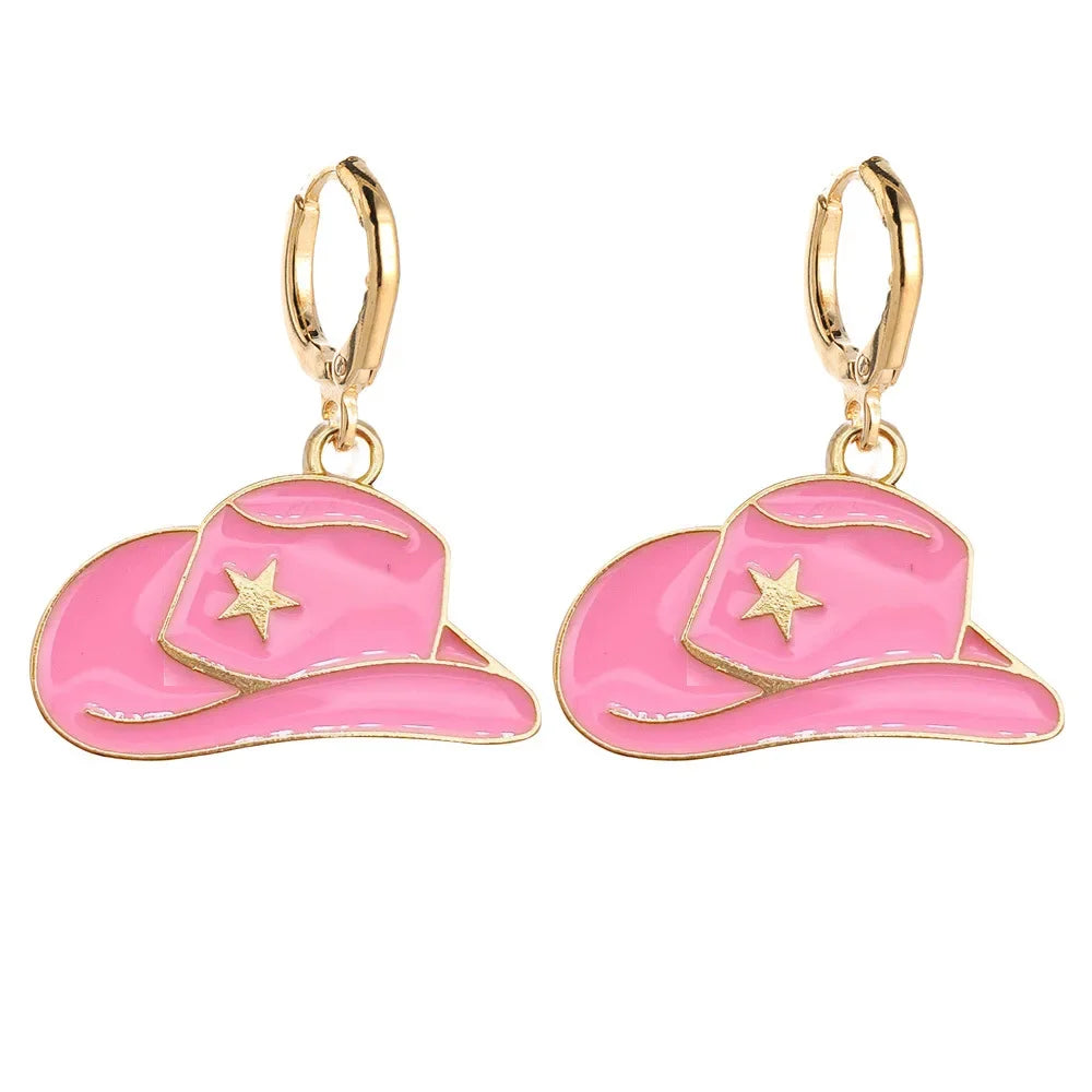 Pink Enamel Cowboy Hat Drop Earrrings