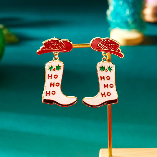Christmas cowboy boot earrings with HO HO HO 