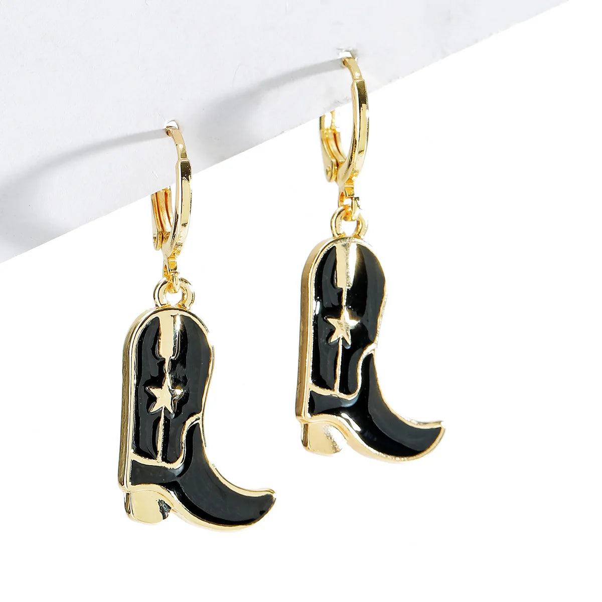 Black Enamel Cowboy Boots Drop Earrings