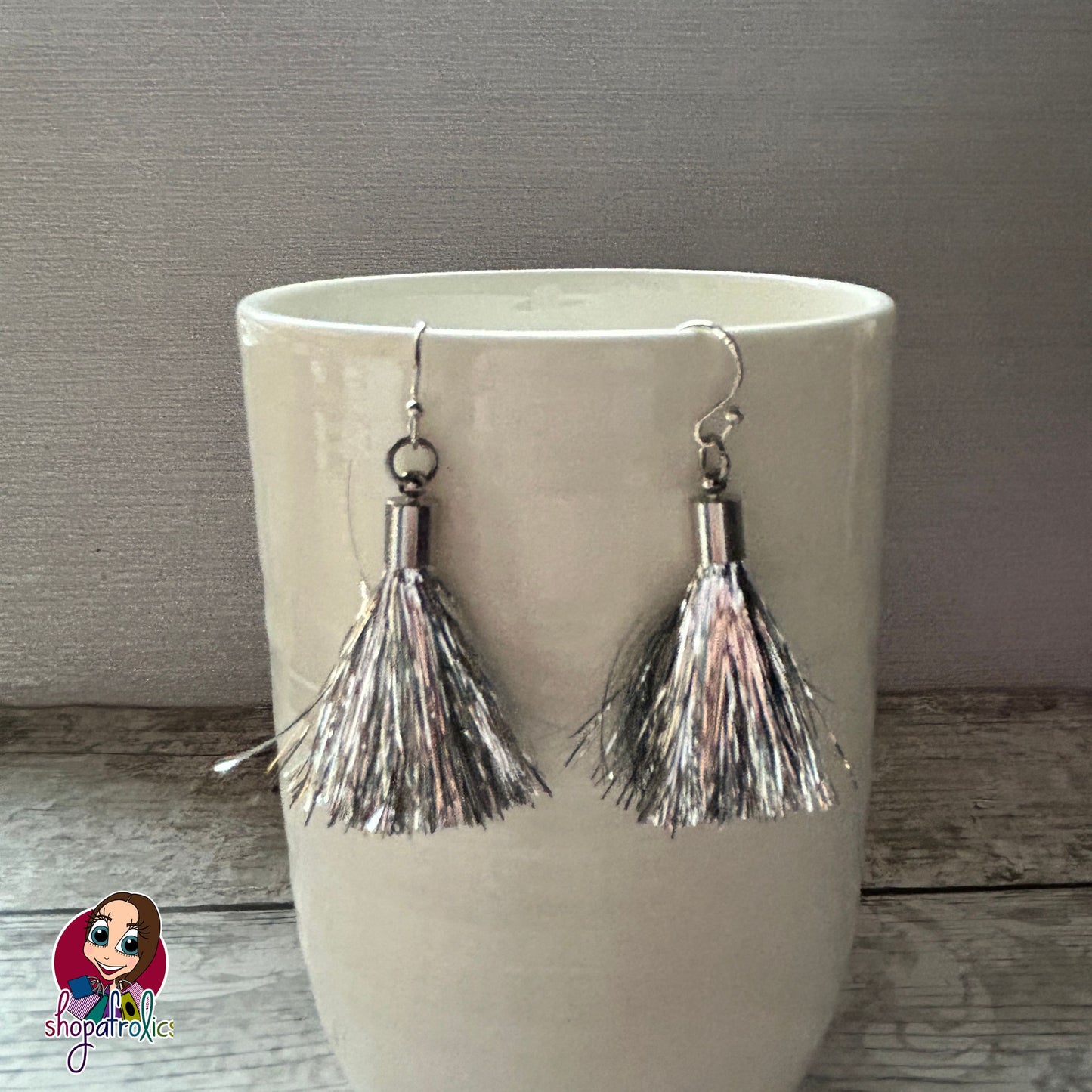 Handmade Tinsel Tassel Earrings - Silver with Choice of Colour Tassels