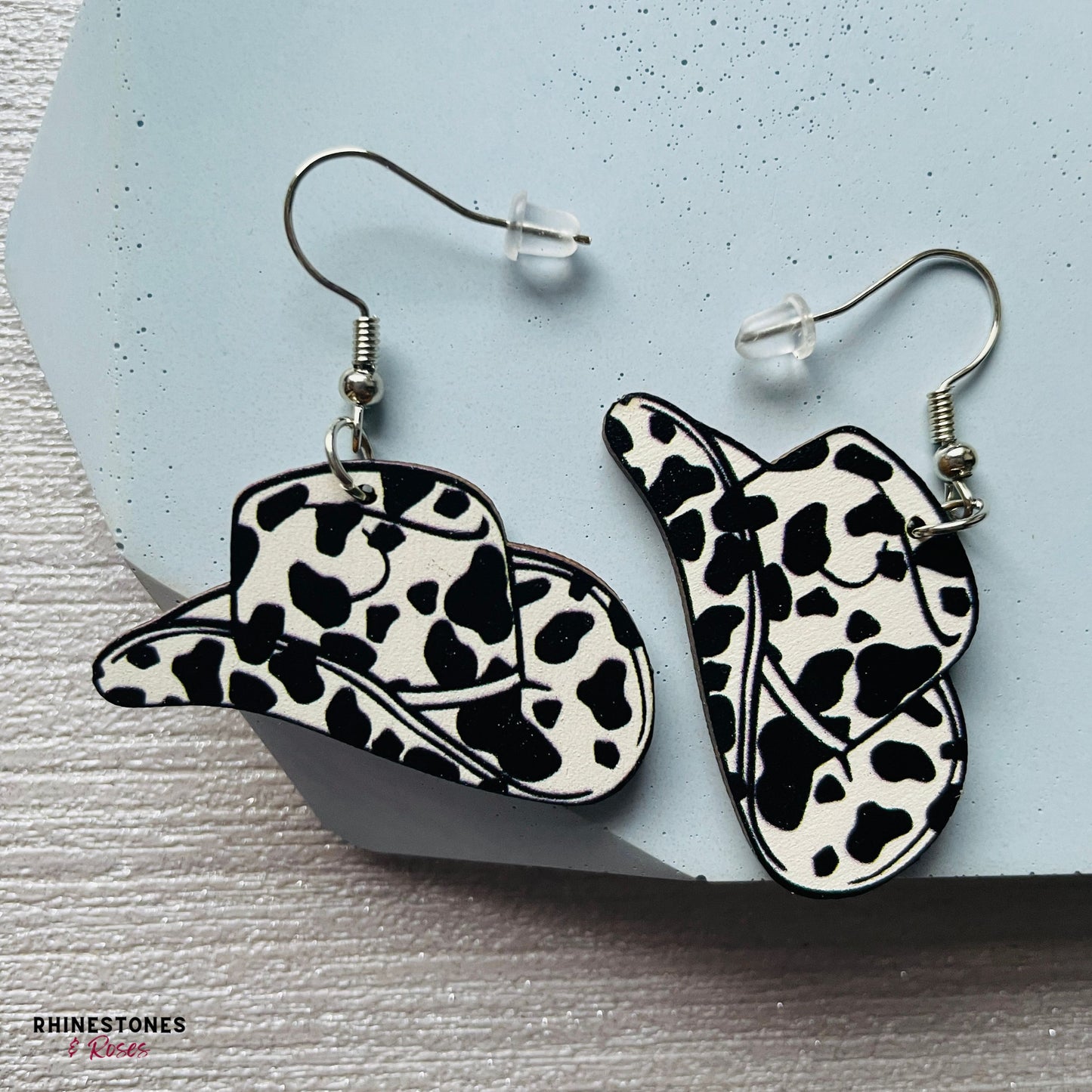 Wooden Country Cow Print Drop Earrings
