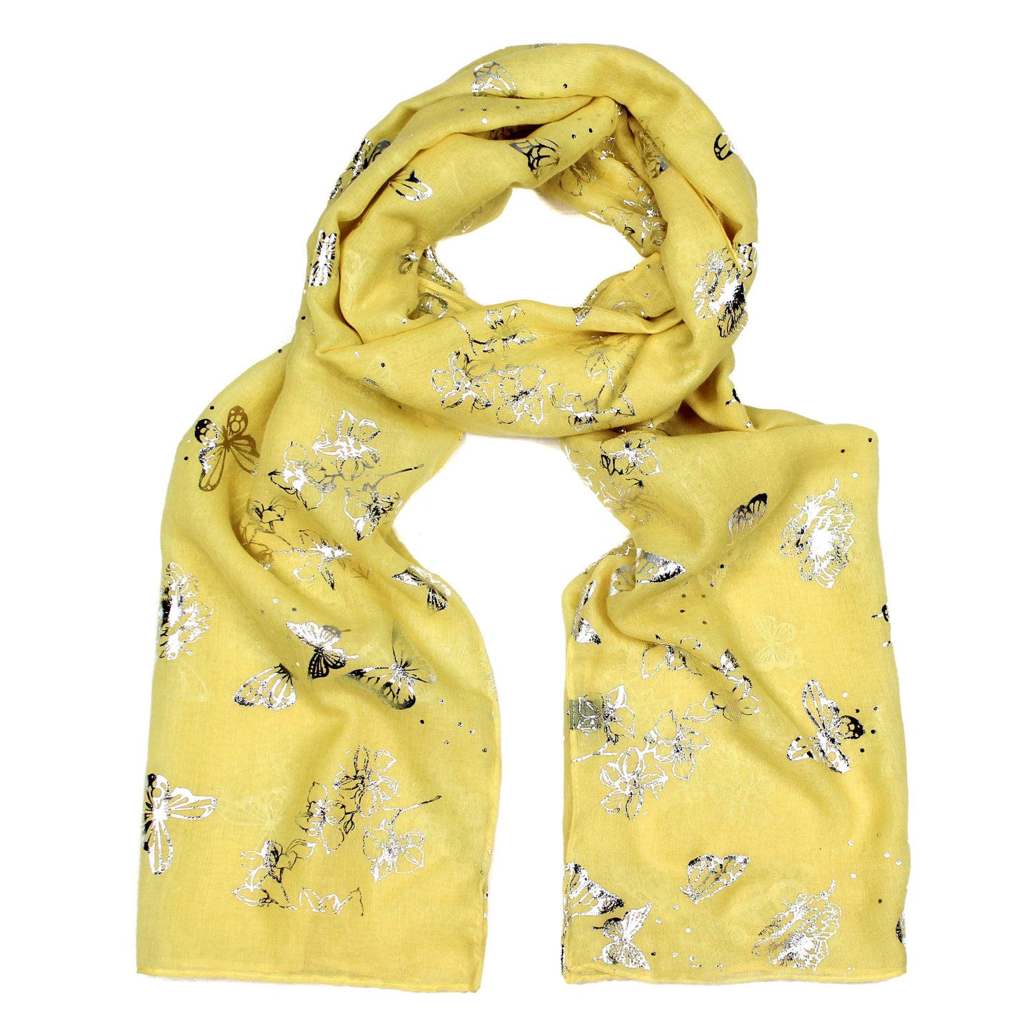 Butterfly and floral print yellow scarf