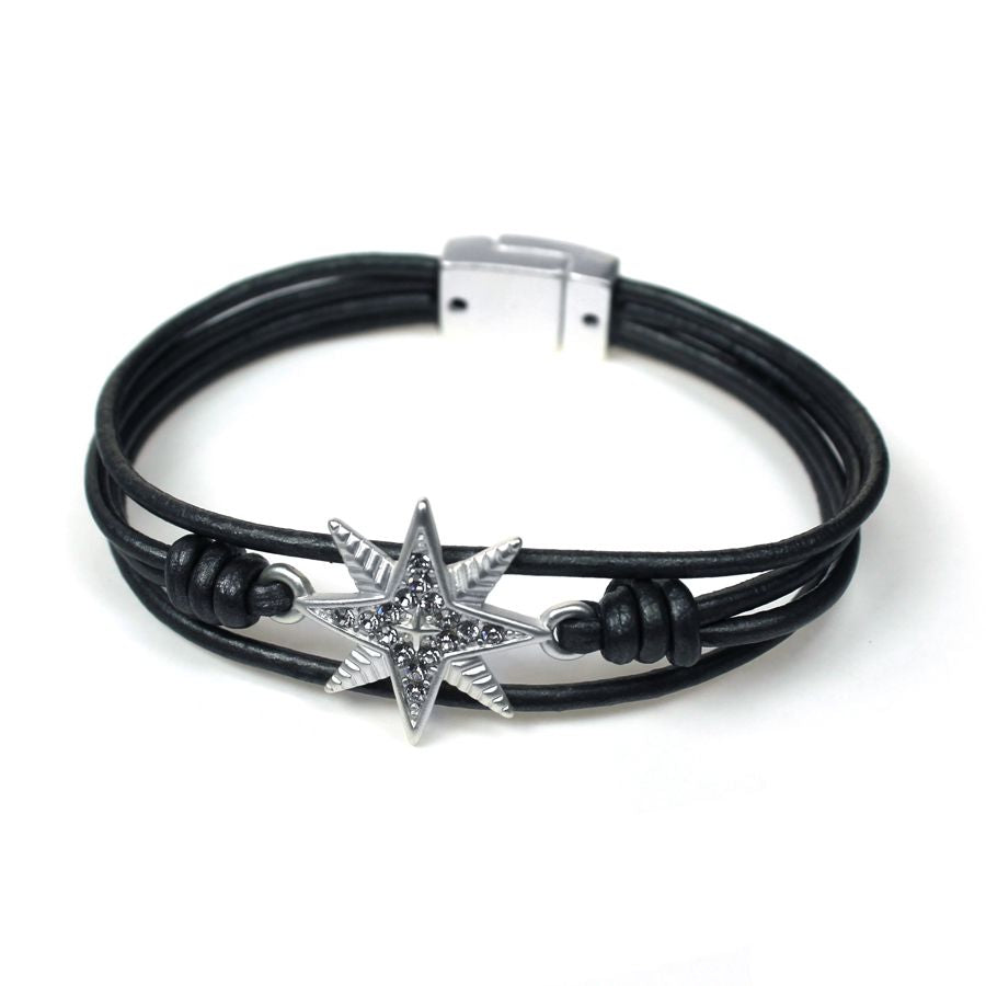 Dark grey leather bracelet with single crystal encrusted textured star